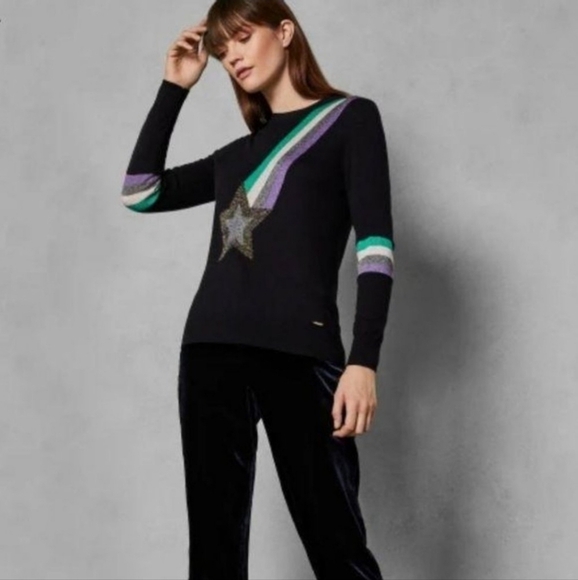 TED BAKER Throwback 70s Navy Wool Cashmere Metallic Shooting Star Sweater. 4-6 - Picture 14 of 14